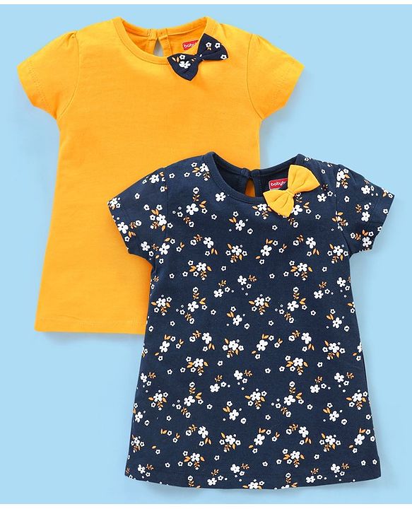 Babyhug 100% Cotton Half Sleeves Floral Print Frocks with Bow Applique Pack of 2 - Navy Blue & Yellow