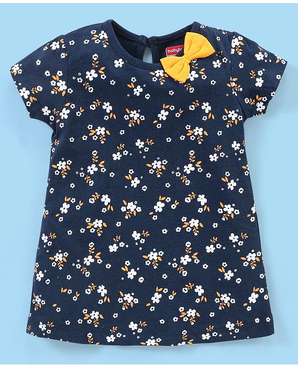 Babyhug 100% Cotton Half Sleeves Floral Print Frocks with Bow Applique Pack of 2 - Navy Blue & Yellow
