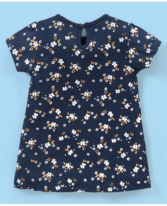 Babyhug 100% Cotton Half Sleeves Floral Print Frocks with Bow Applique Pack of 2 - Navy Blue & Yellow