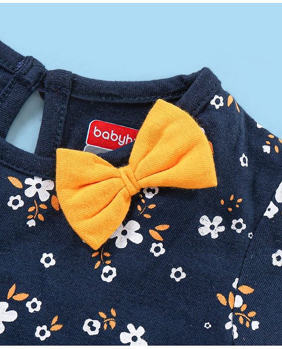 Babyhug 100% Cotton Half Sleeves Floral Print Frocks with Bow Applique Pack of 2 - Navy Blue & Yellow