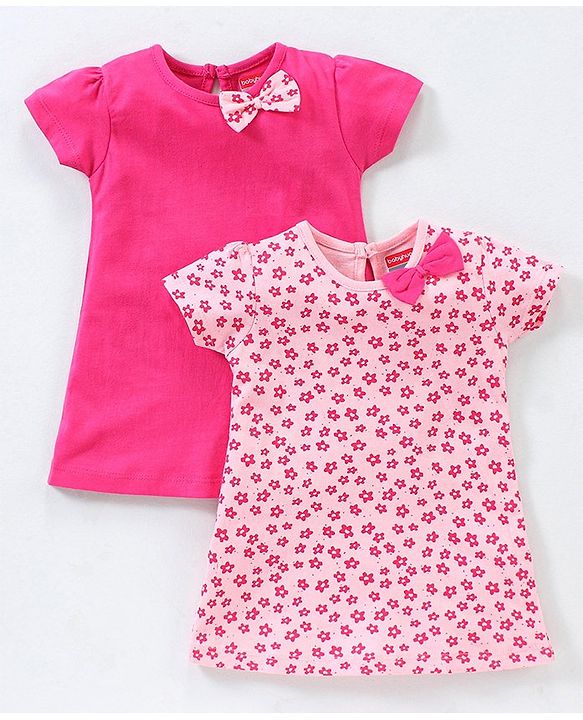 Babyhug 100% Cotton Knit Half Sleeves Floral Print Frocks With Bow Applique Pack of 2 - Pink