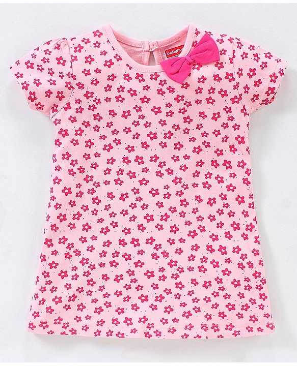 Babyhug 100% Cotton Knit Half Sleeves Floral Print Frocks With Bow Applique Pack of 2 - Pink