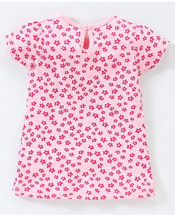 Babyhug 100% Cotton Knit Half Sleeves Floral Print Frocks With Bow Applique Pack of 2 - Pink
