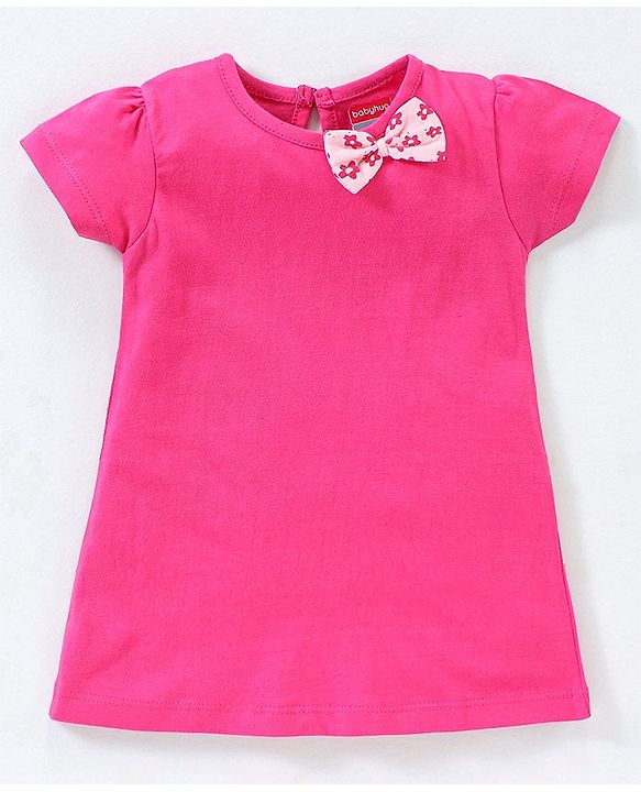 Babyhug 100% Cotton Knit Half Sleeves Floral Print Frocks With Bow Applique Pack of 2 - Pink