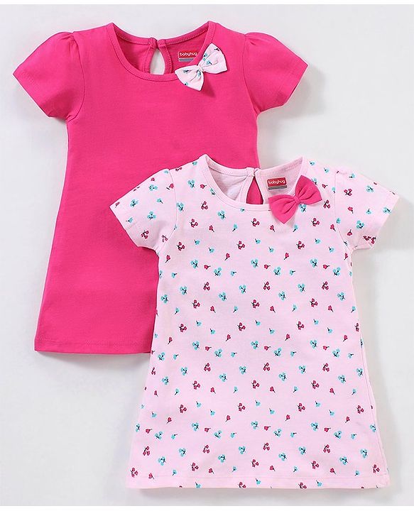 Babyhug 100% Cotton Half Sleeves Frock with Bow Applique - Pink