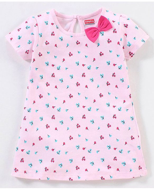 Babyhug 100% Cotton Half Sleeves Frock with Bow Applique - Pink