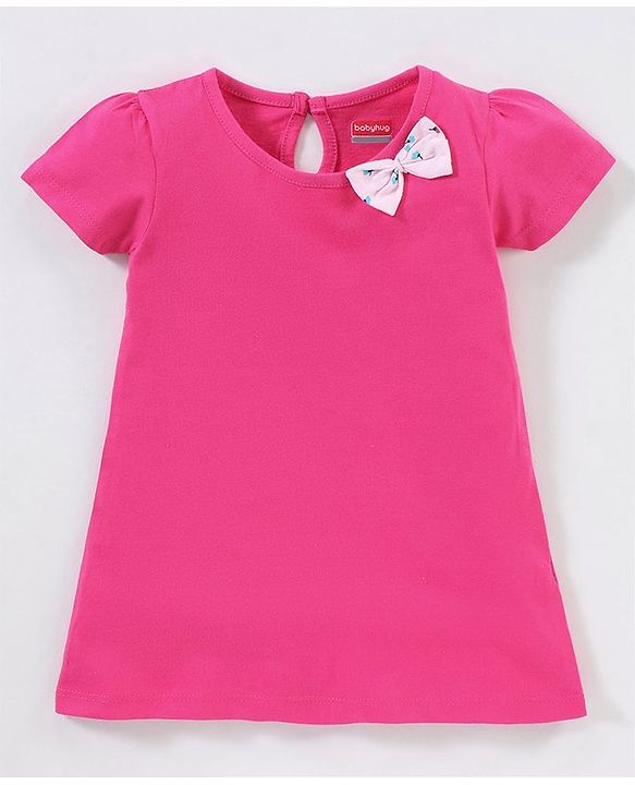 Babyhug 100% Cotton Half Sleeves Frock with Bow Applique - Pink