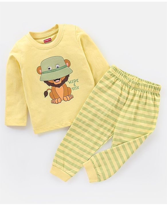 Babyhug Cotton Knit Full Sleeves Night Suit Lion Print - Yellow