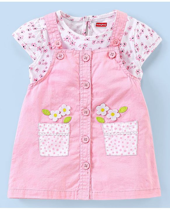Babyhug 100% Cotton   Frock with Half Sleeves Inner Tee Floral Print and Embroidery - Pink