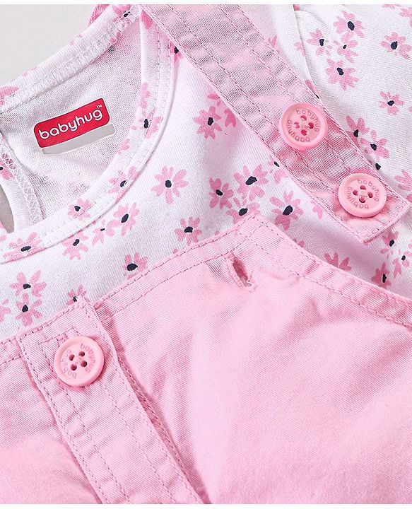 Babyhug 100% Cotton   Frock with Half Sleeves Inner Tee Floral Print and Embroidery - Pink