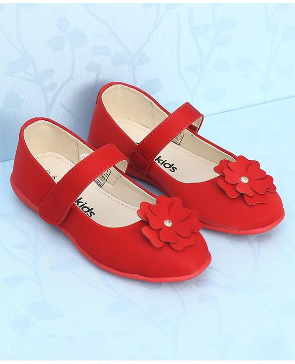 Pine Kids Bellies With Velcro Closure & Floral Applique - Red