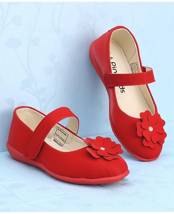 Pine Kids Bellies With Velcro Closure & Floral Applique - Red