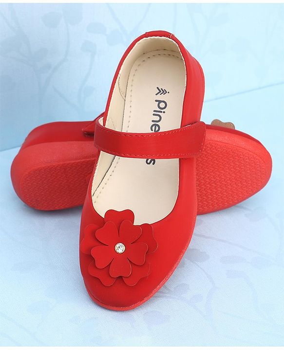 Pine Kids Bellies With Velcro Closure & Floral Applique - Red