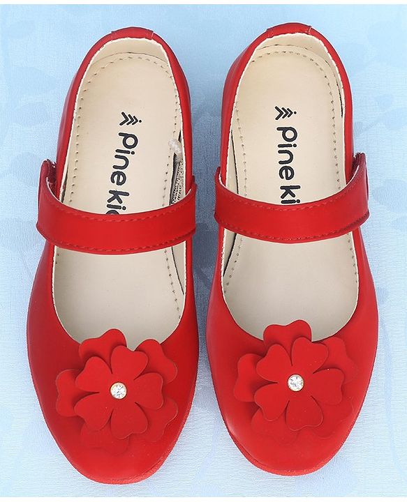 Pine Kids Bellies With Velcro Closure & Floral Applique - Red
