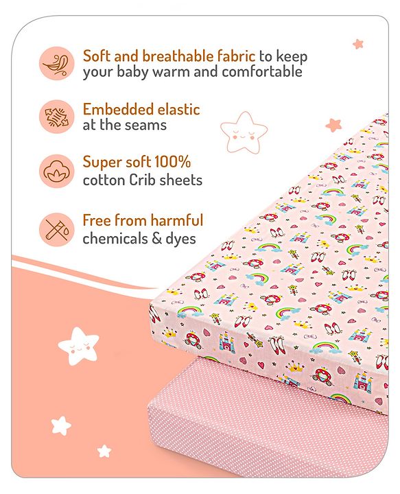 Babyhug Premium Cotton Fitted Crib Sheets Princess Theme Pack of 2 - Pink