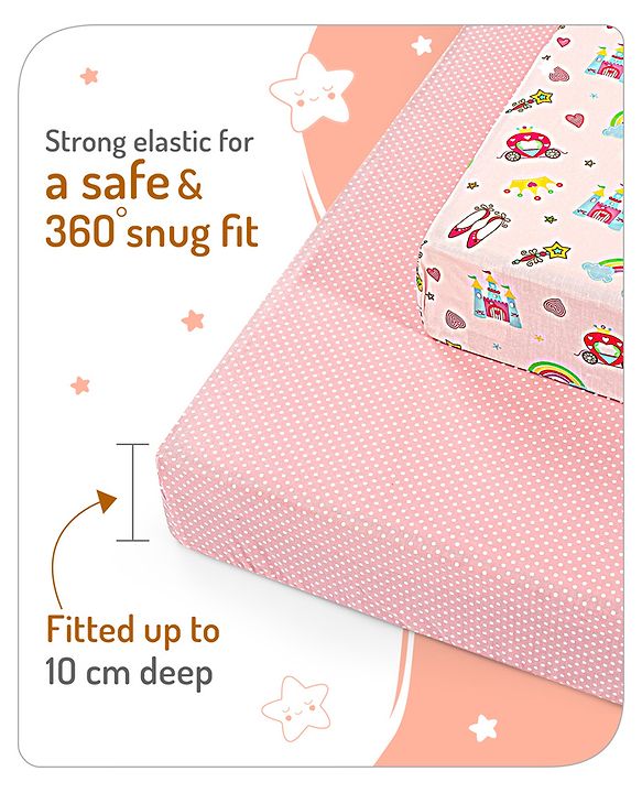 Babyhug Premium Cotton Fitted Crib Sheets Princess Theme Pack of 2 - Pink