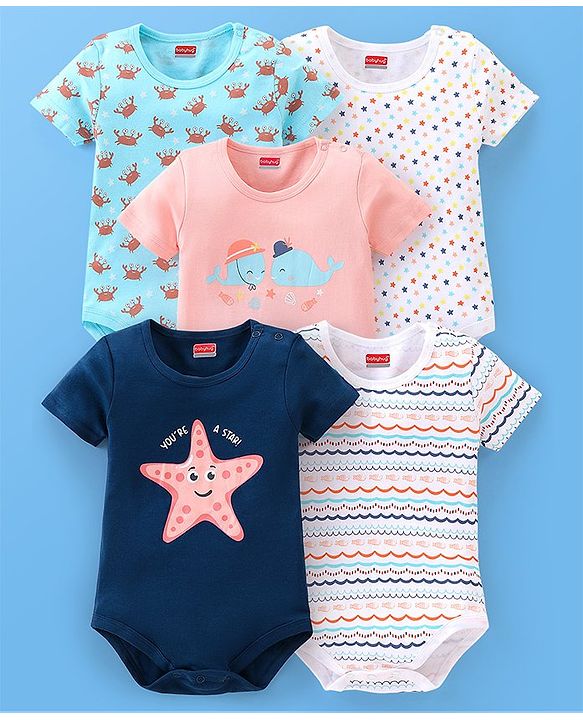 Babyhug 100% Cotton Half Sleeves Onesies Sea Life & Star Print Pack Of 5 - Blue Pink & White