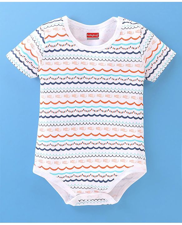 Babyhug 100% Cotton Half Sleeves Onesies Sea Life & Star Print Pack Of 5 - Blue Pink & White