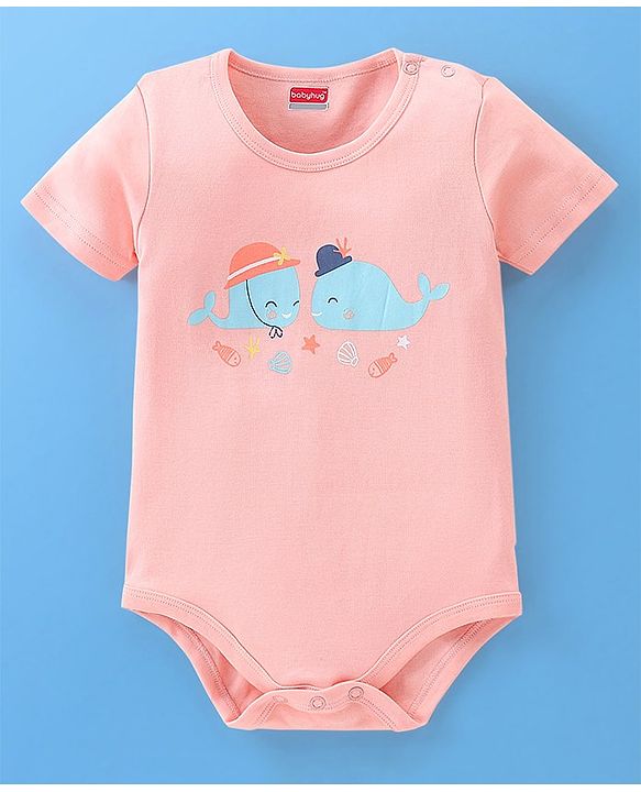 Babyhug 100% Cotton Half Sleeves Onesies Sea Life & Star Print Pack Of 5 - Blue Pink & White