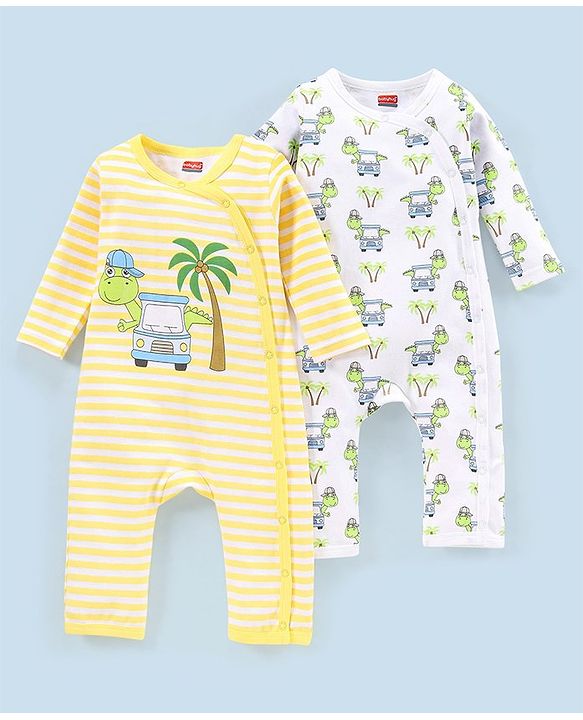 Babyhug 100% Cotton Full Sleeves Romper Pack Of 2 Dino Print - Yellow and White