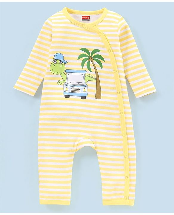Babyhug 100% Cotton Full Sleeves Romper Pack Of 2 Dino Print - Yellow and White
