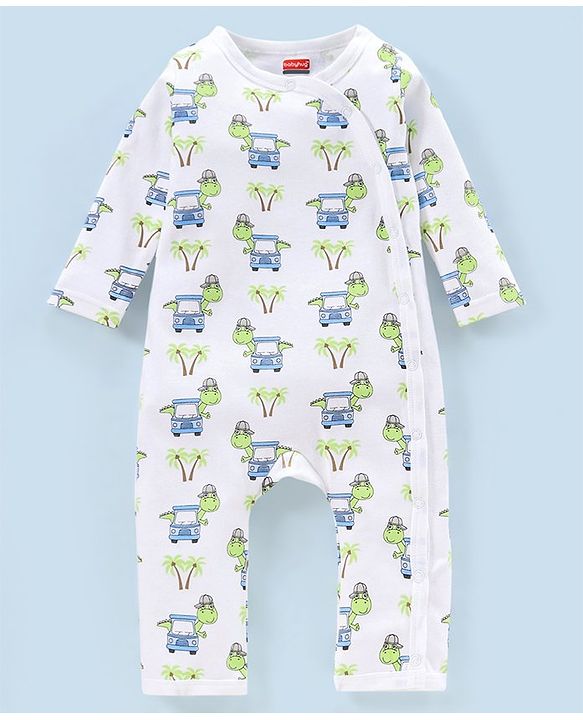 Babyhug 100% Cotton Full Sleeves Romper Pack Of 2 Dino Print - Yellow and White