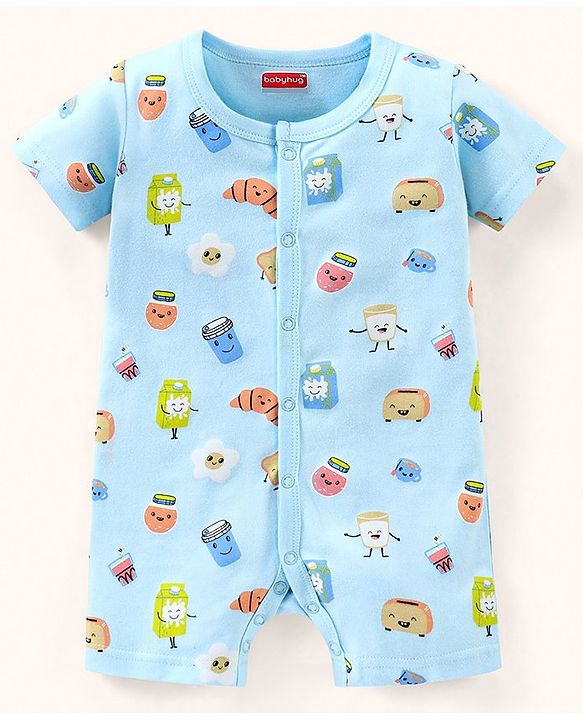 Babyhug 100% Cotton Half Sleeves Romper Bread Print - Blue