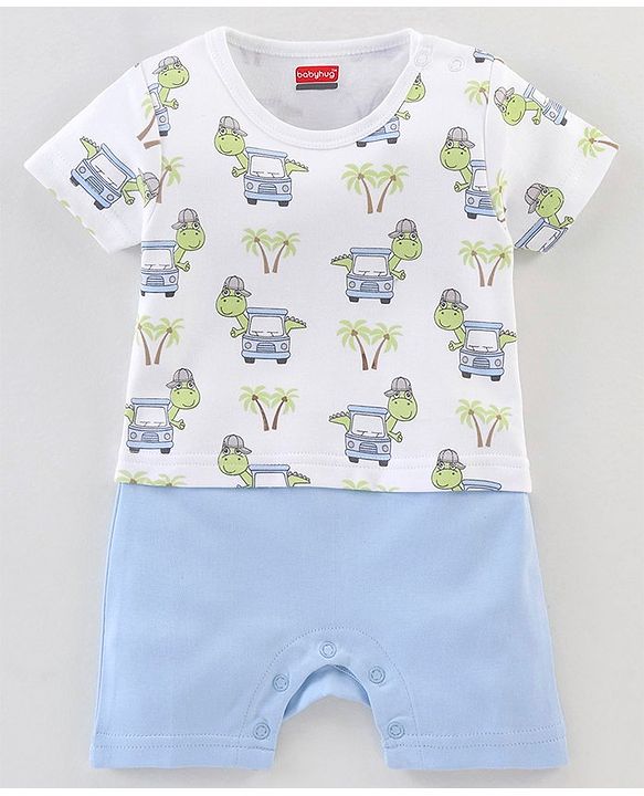 Babyhug 100% Cotton Half Sleeves Romper Dino In Car Print - Blue