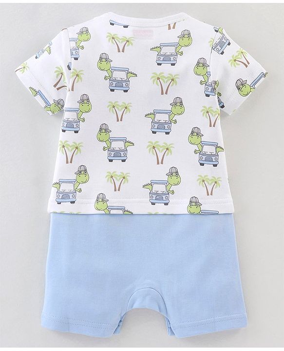 Babyhug 100% Cotton Half Sleeves Romper Dino In Car Print - Blue