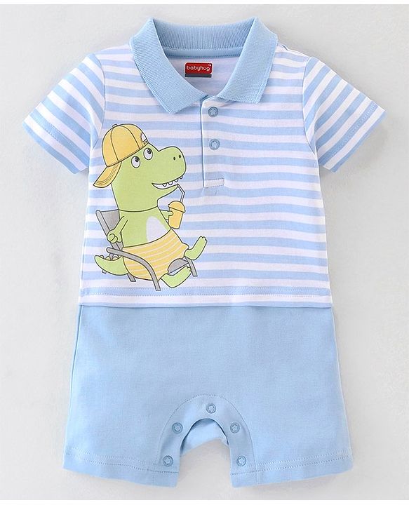 Babyhug 100% Cotton Half Sleeves Stripe Romper Dino Print - Blue