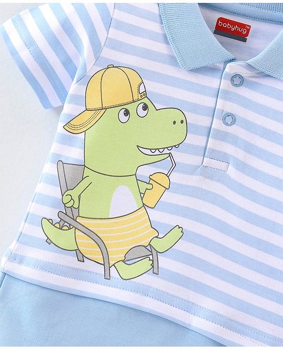 Babyhug 100% Cotton Half Sleeves Stripe Romper Dino Print - Blue