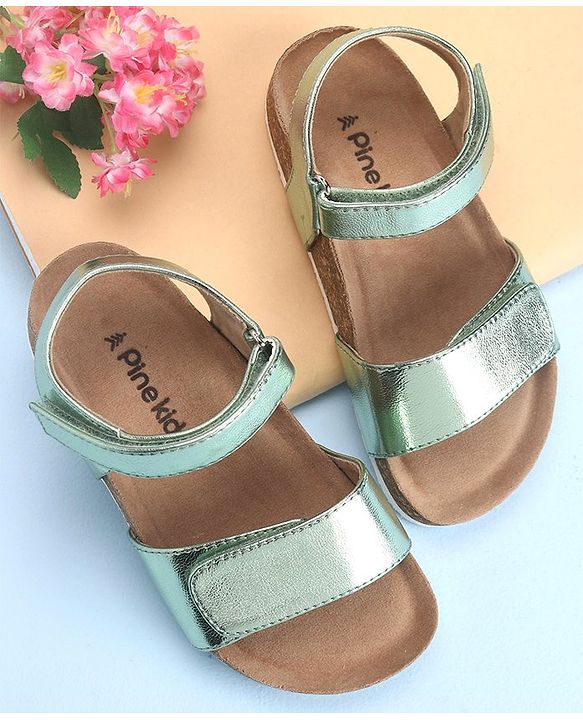 Pine Kids Casual Wear Sandals with Velcro Belt Closure - Green Metallic