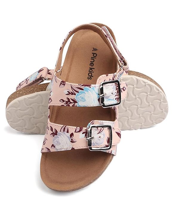 Pine Kids Casual Wear Sandals with Velcro Belt Closure Floral Print - Beige