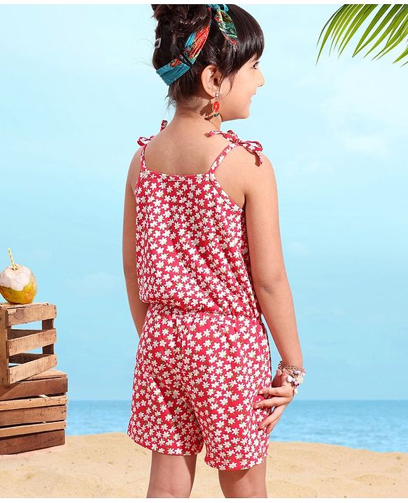 Babyhug 100% Cotton Knitted Singlet Sleeves Jumpsuit Floral Print - Red