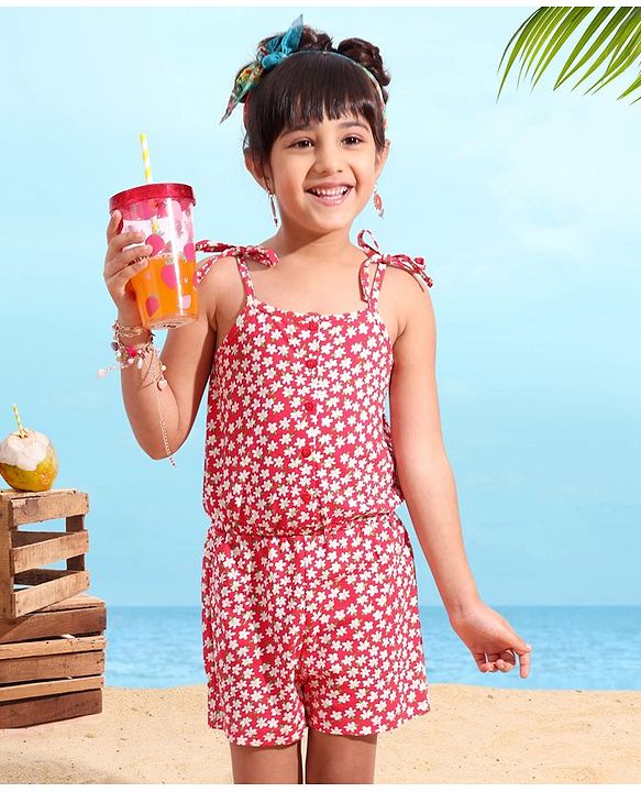 Babyhug 100% Cotton Knitted Singlet Sleeves Jumpsuit Floral Print - Red