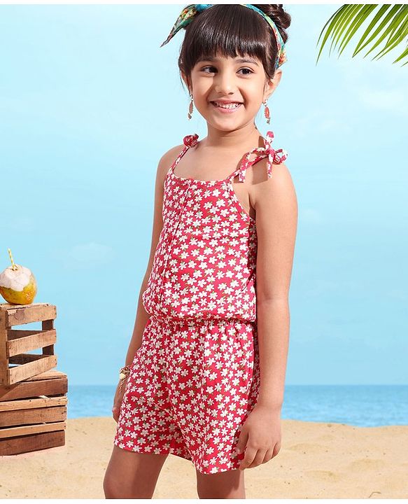 Babyhug 100% Cotton Knitted Singlet Sleeves Jumpsuit Floral Print - Red