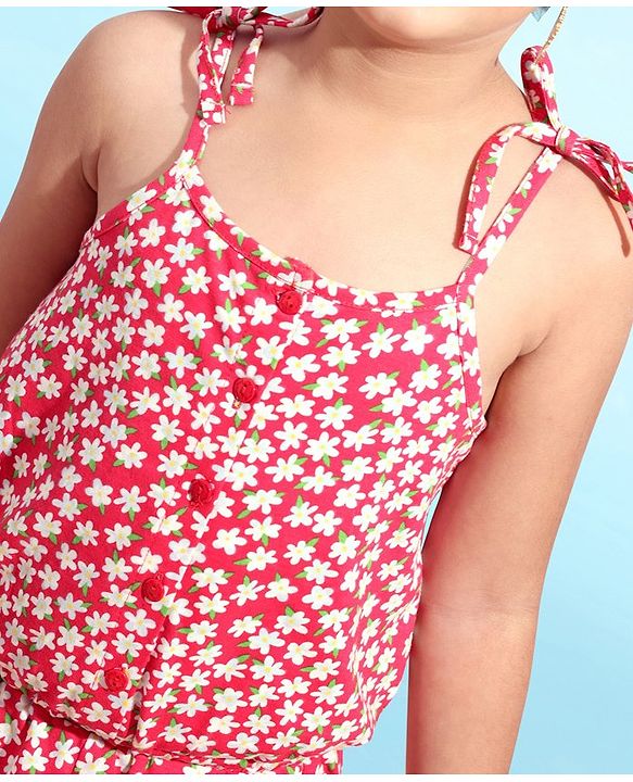 Babyhug 100% Cotton Knitted Singlet Sleeves Jumpsuit Floral Print - Red
