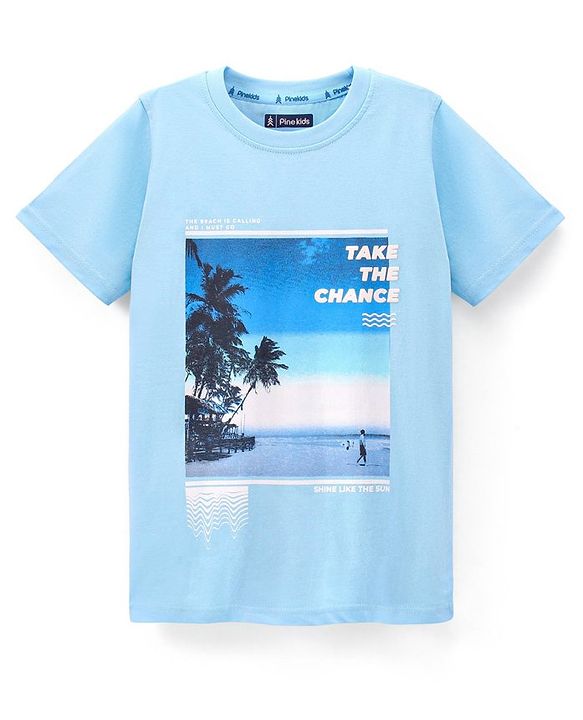 Pine Kids 100% Cotton Half Sleeves Biowashed T-Shirt Scenery Print- Blue