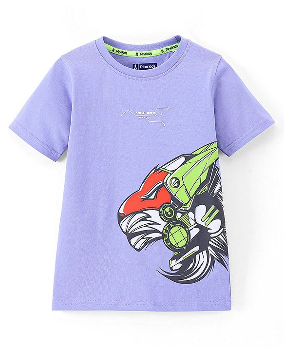 Pine Kids 100% Cotton Half Sleeves Lion Printed Biowashed T-Shirt - Purple