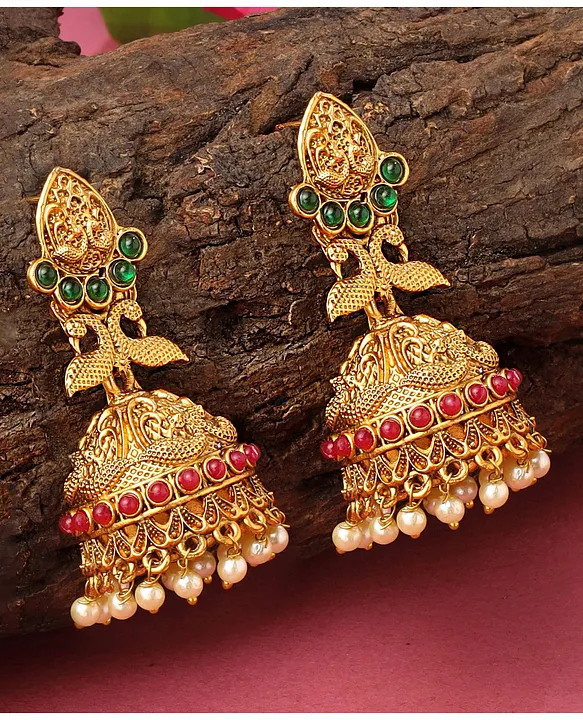 Gold Jhumka Earrings With Beads And Leave Motif