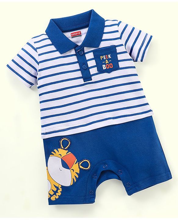 Babyhug 100% Cotton Half Sleeves Stripe Romper - Blue
