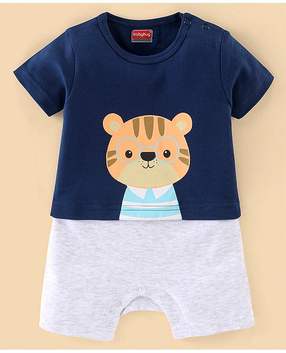 Babyhug Cotton Half Sleeves Romper Cartoon Kitty Print - Navy Blue