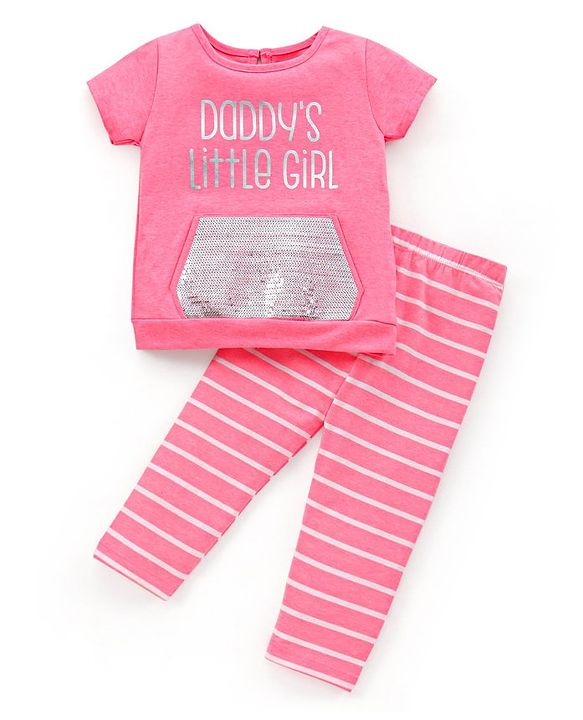 Babyhug 100% Cotton Knit Half Sleeves Text Printed Top and Striped Lounge Pant - Pink