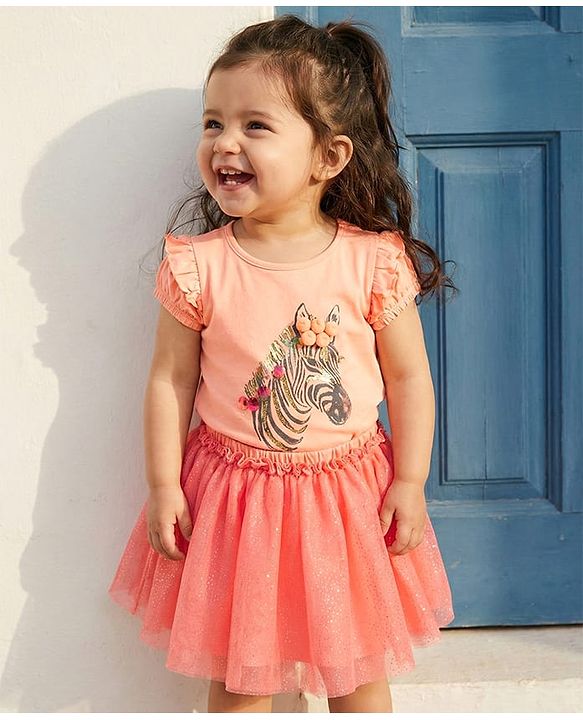 Babyhug 100% Cotton Half Sleeves Top & Skirt with Frill Detailing Zebra Print - Peach & Orange