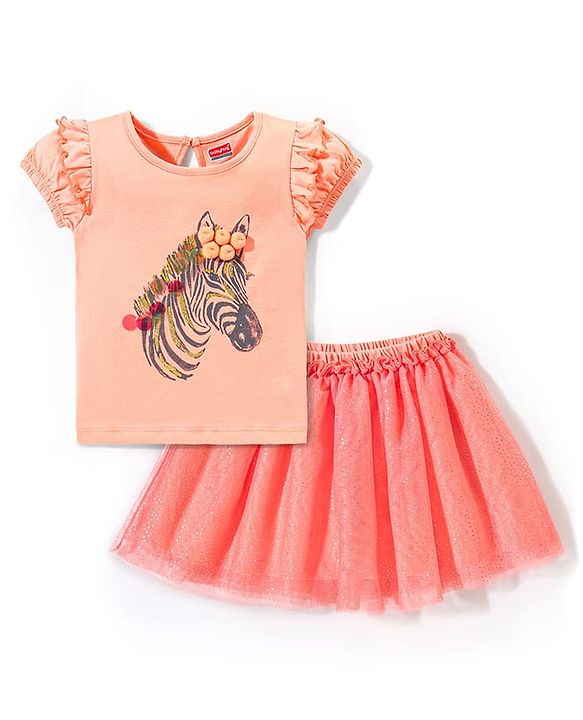 Babyhug 100% Cotton Half Sleeves Top & Skirt with Frill Detailing Zebra Print - Peach & Orange