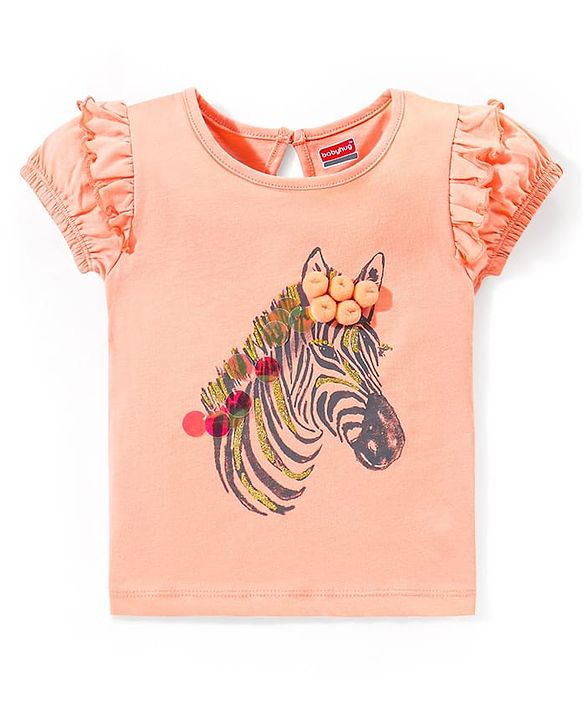 Babyhug 100% Cotton Half Sleeves Top & Skirt with Frill Detailing Zebra Print - Peach & Orange