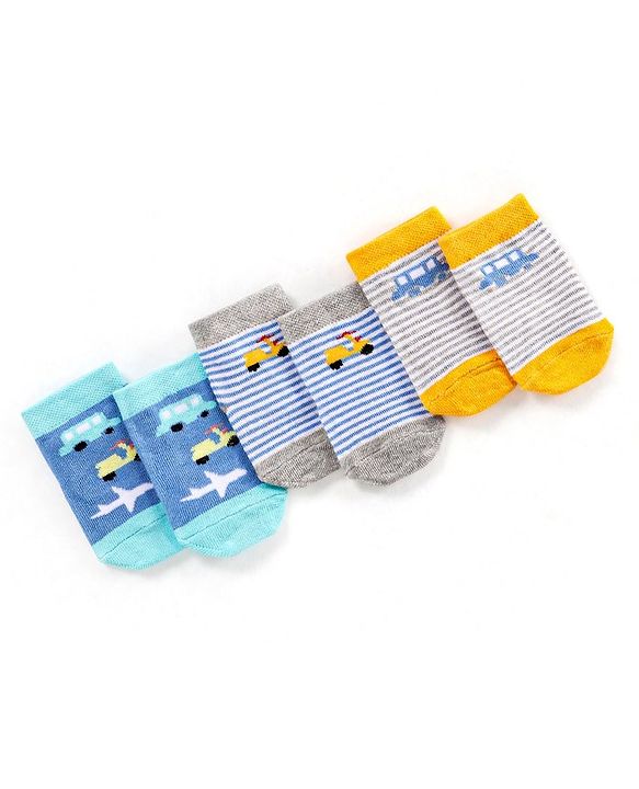 Cute Walk by Babyhug Non Terry Cotton Knit Ankle Length Anti Bacterial Socks Car Design Pack of 3 - Multicolour