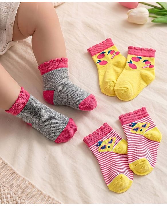 Cute Walk by Babyhug Non Terry Cotton Knit Ankle Length Anti Bacterial Socks Striped Pack of 3 - Yellow & Grey