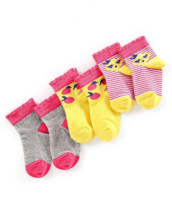 Cute Walk by Babyhug Non Terry Cotton Knit Ankle Length Anti Bacterial Socks Striped Pack of 3 - Yellow & Grey