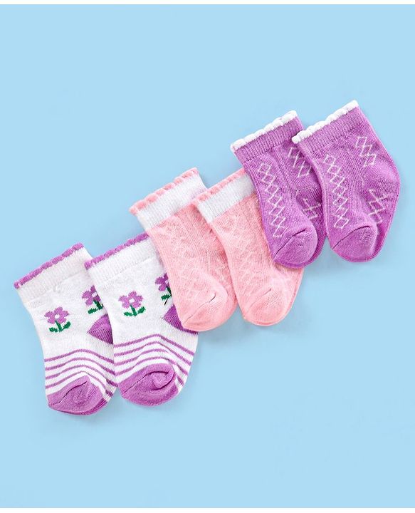 Cute Walk by Babyhug Non Terry Cotton Knit Ankle Length Anti Bacterial Socks Floral Design Pack of 3 - Pink & Purple
